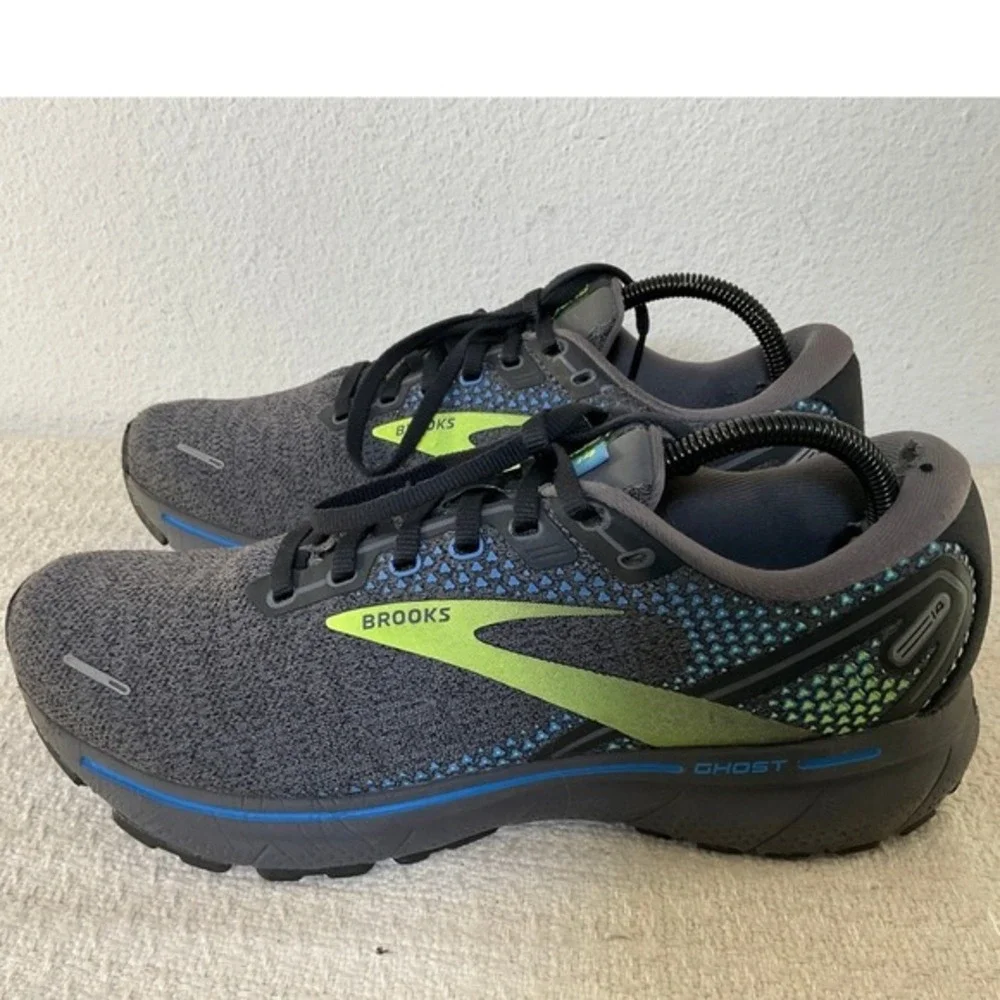Brooks Ghost 14 Men's Running Shoes Grey Blue Lime‎ 9.5 Sneakers Walking